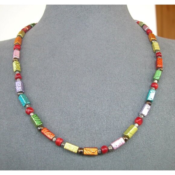 Colorful Beaded Necklace With Large Turquoise Bead Accent 16" - Picture 1 of 5